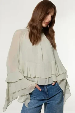 Karen Millen Drama Ruffle Viscose Georgette Woven Blouse sage Online