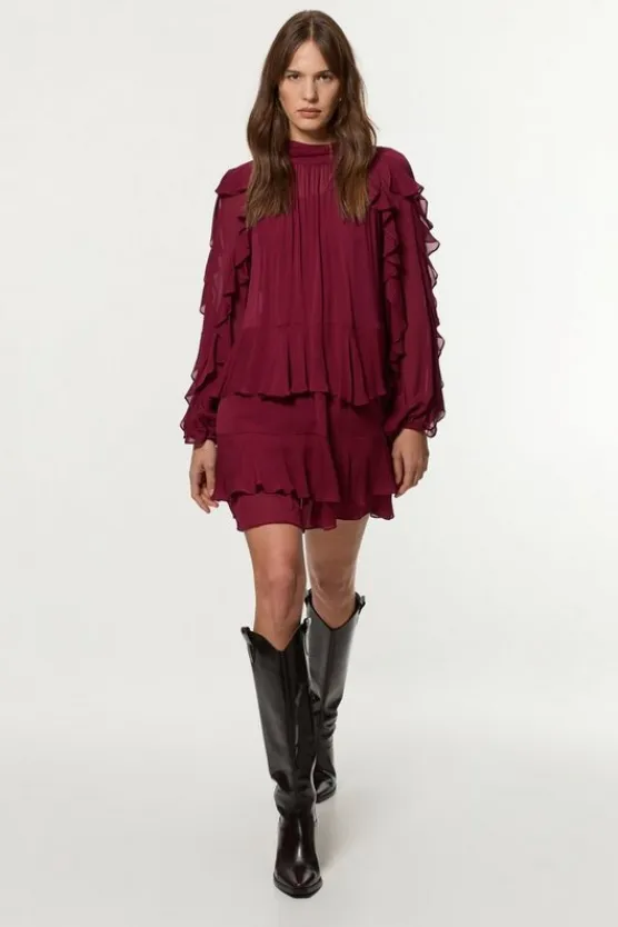 Karen Millen Drama Ruffle Viscose Georgette Woven Mini Dress berry Fashion