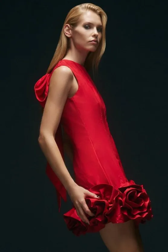 Karen Millen Drama Taffeta Rosette Woven Mini Dress With Bow Detail red New