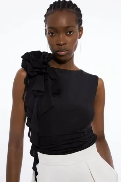 Karen Millen Dramatic Rosette Slinky Jersey Top black Discount