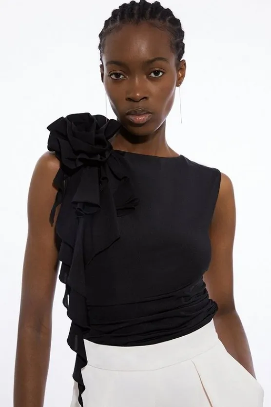 Karen Millen Dramatic Rosette Slinky Jersey Top black Discount