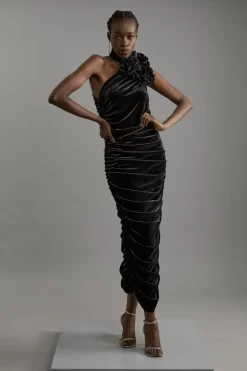 Karen Millen Drapey Ruched Jersey Velvet Rosette Midi Dress black Best