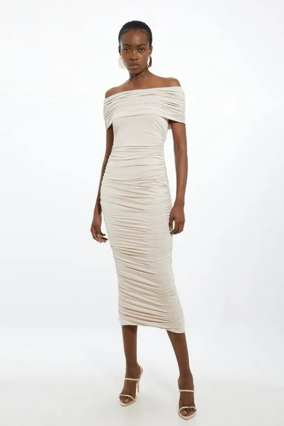 Karen Millen Drapey Slinky Jersey Off The Shoulder Maxi Dress oyster Clearance