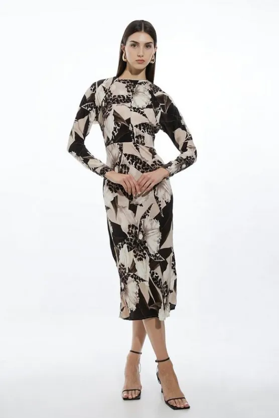 Karen Millen Ecru Keyhole Printed Woven Viscose Midaxi Dress floral Clearance
