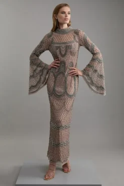 Karen Millen Embellished And Beaded Long Sleeve Woven Maxi Dress nude Online