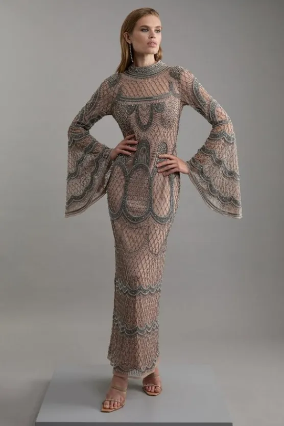 Karen Millen Embellished And Beaded Long Sleeve Woven Maxi Dress nude Online