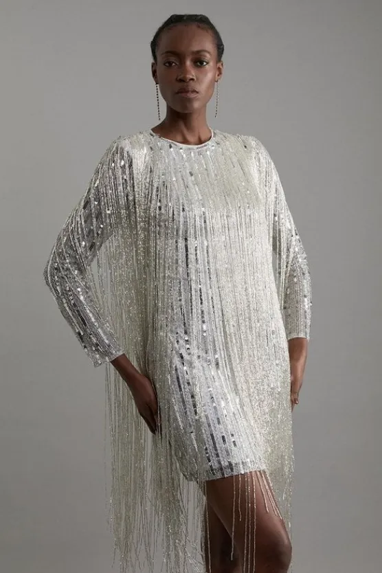 Karen Millen Embellished And Beaded Tassel Woven Mini Dress silver Fashion