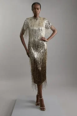 Karen Millen Embellished And Beaded Tassel Woven Maxi Dress gold Online