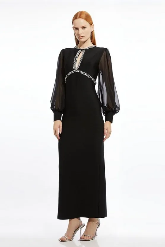 Karen Millen Embellished And Chiffon Sleeve Figure Form Knit Midaxi Dress black Discount