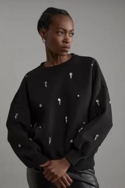 Karen Millen Embellished Balloon Sleeve Scuba Sweatshirt black Clearance