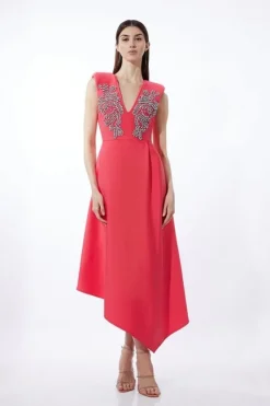 Karen Millen Embellished Bandage Figure Form Knit Sleeveless Midaxi Dress coral Fashion