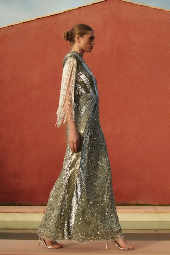 Karen Millen Embellished Beaded Cap Sleeve Woven Maxi Dress silver Sale