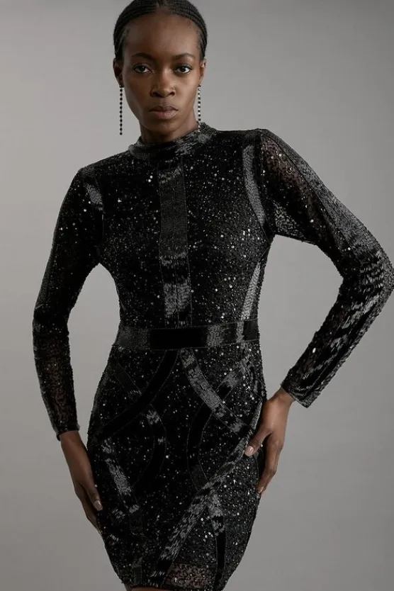 Karen Millen Embellished Beaded High Neck Woven Mini Dress black Sale