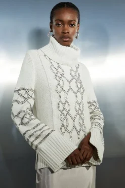 Karen Millen Embellished Cable Knit Sweater ivory Fashion