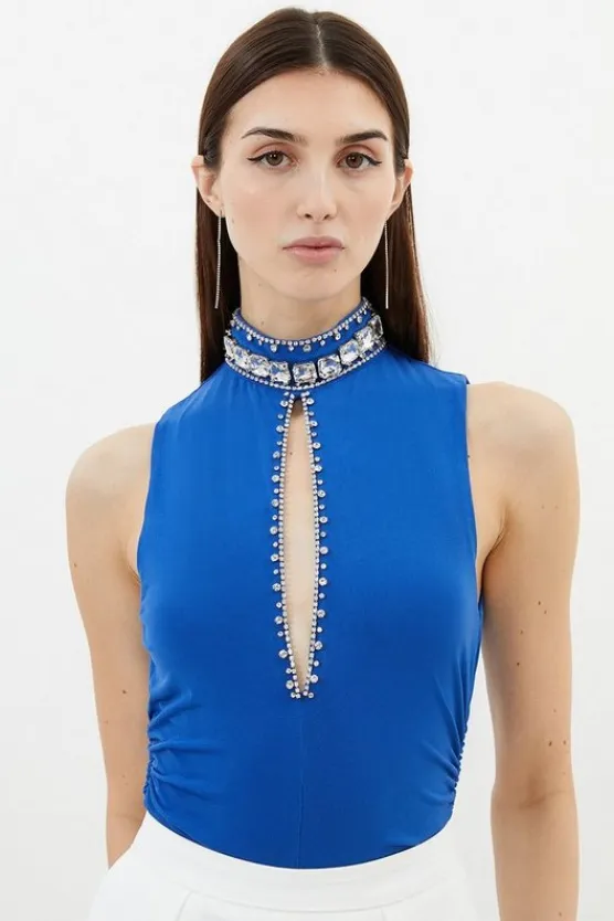 Karen Millen Embellished Detail Drapey Crepe Jersey Bodysuit cobalt Sale