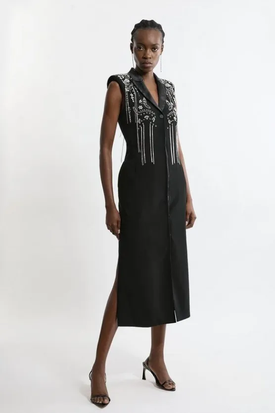 Karen Millen Embellished Detail Plunge Collared Woven Maxi Dress black Discount