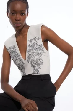 Karen Millen Embellished Figure Form Bandage Knit Top ecru Sale