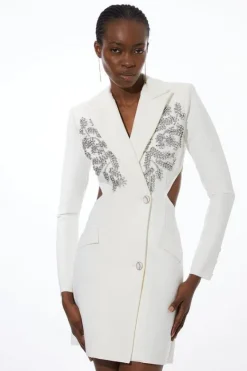 Karen Millen Embellished Figure Form Bandage Cut Out Back Blazer Dress cream Best