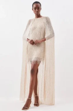 Karen Millen Embellished Fringe Caped Woven Mini Dress silver Best
