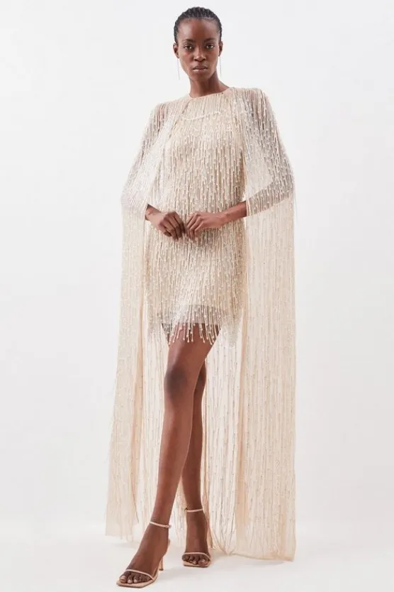 Karen Millen Embellished Fringe Caped Woven Mini Dress silver Best