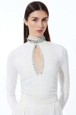 Karen Millen Embellished Jersey Crepe Keyhole Bodysuit ivory Sale