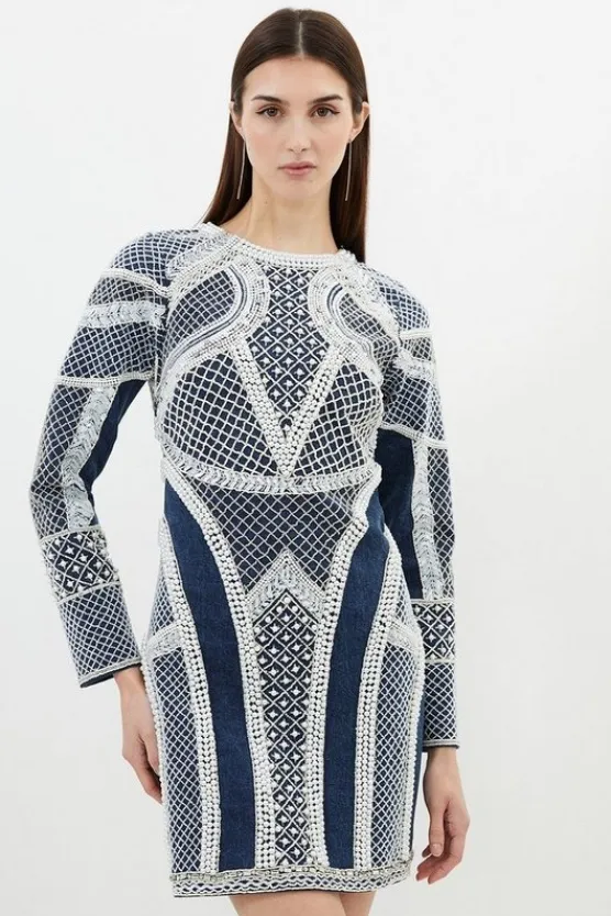 Karen Millen Embellished Pearl Long Sleeve Mini Dress denim Online