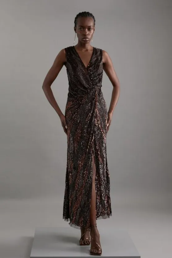 Karen Millen Embellished Plunge Beaded Woven Maxi Dress chocolate Best