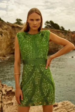 Karen Millen Embellished Strong Shoulder Woven Mini Dress green New