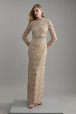 Karen Millen Embellished Woven Long Sleeved Maxi Dress silver Online