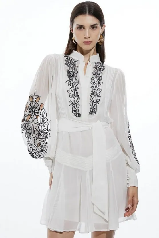 Karen Millen Embroidery Bib Detail Woven Mini ivory Clearance
