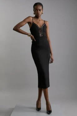 Karen Millen Eyelet Detail Lace Up Ponte Jersey Midi Dress black Sale