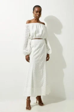 Karen Millen Eyelet Godet Woven Midi Skirt white Outlet