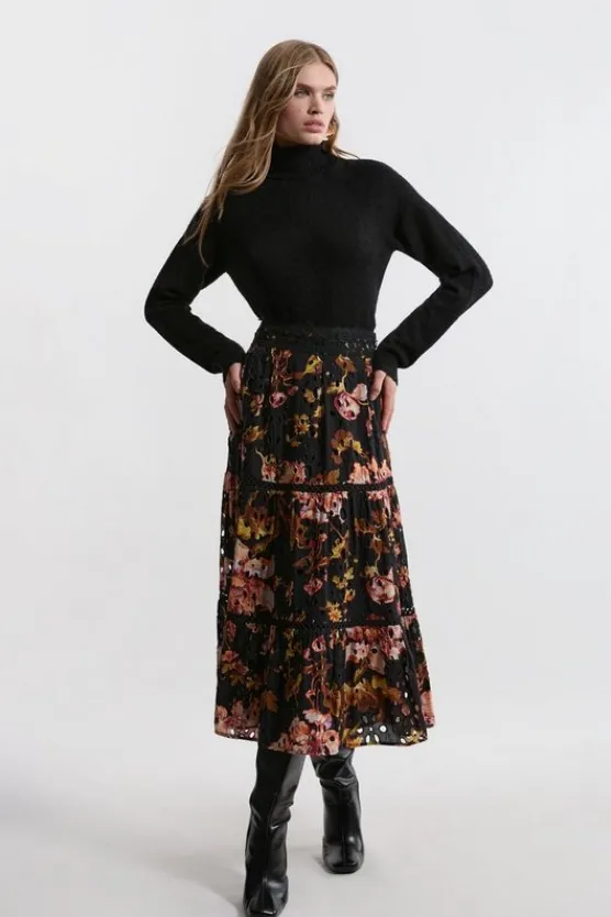 Karen Millen Eyelet Woven Midi Skirt With Guipure Trim floral Sale