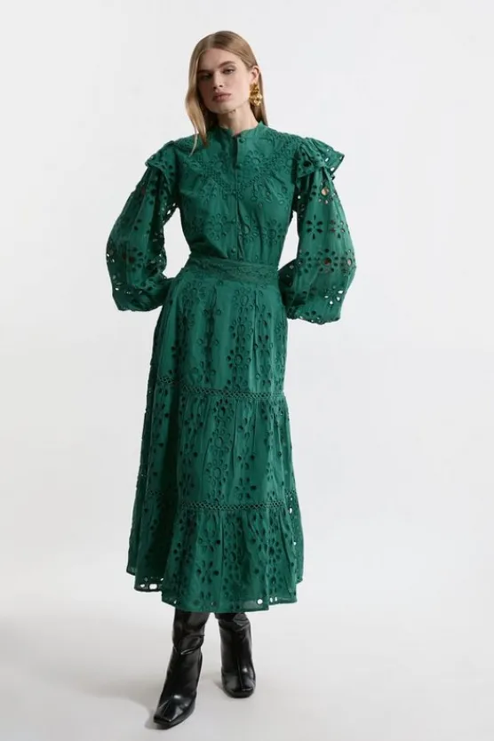 Karen Millen Eyelet Woven Midi Skirt With Guipure Trim green Best