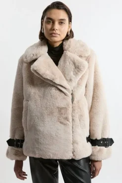 Karen Millen Faux Fur Biker Coat cream Hot