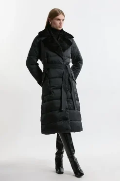 Karen Millen Faux Fur Lined Belted Longline Puffer Coat black Best