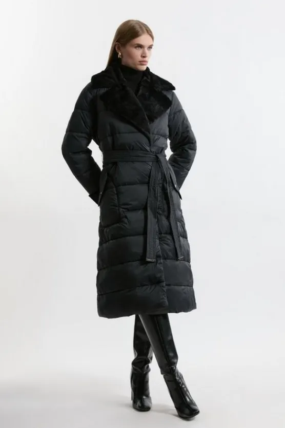Karen Millen Faux Fur Lined Belted Longline Puffer Coat black Best