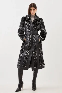 Karen Millen Faux Fur Pu Panelled Abstract Belted Coat black Fashion