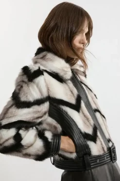 Karen Millen Faux Fur Pu Panelled Stripe Belted Cropped Jacket mono Fashion