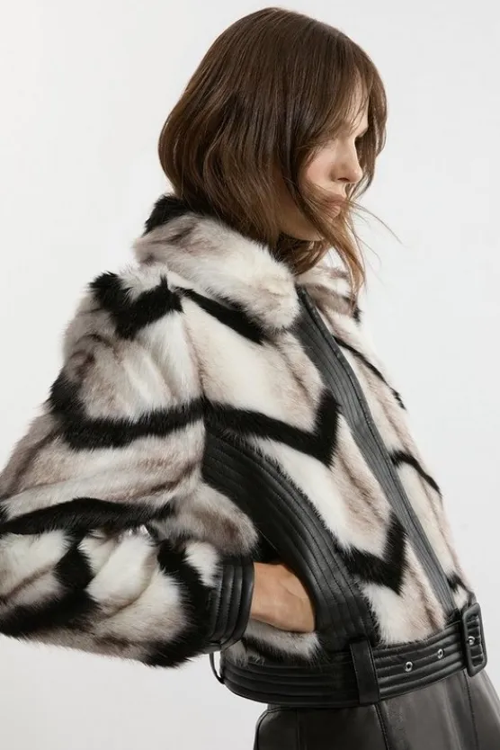 Karen Millen Faux Fur Pu Panelled Stripe Belted Cropped Jacket mono Fashion