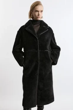 Karen Millen Faux Fur Pu Trim Longline Coat black Hot