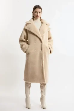 Karen Millen Faux Fur Teddy Longline Coat cream Fashion