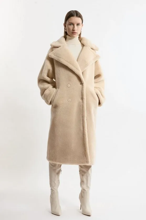 Karen Millen Faux Fur Teddy Longline Coat cream Fashion