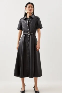 Karen Millen Faux Leather Belted Midi Shirt Dress black Fashion