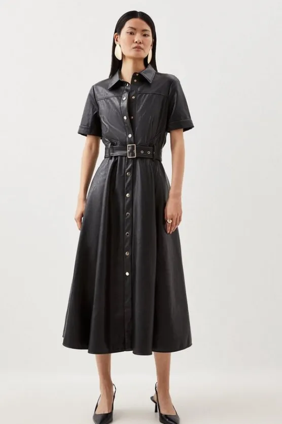 Karen Millen Faux Leather Belted Midi Shirt Dress black Fashion