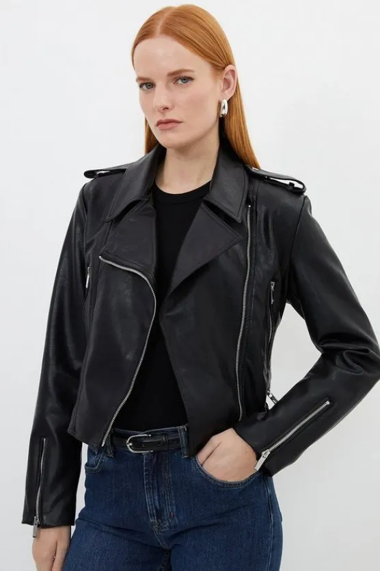 Karen Millen Faux Leather Cropped Moto Jacket black Clearance