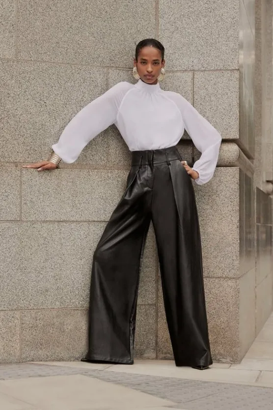 Karen Millen Faux Leather High Waisted Wide Leg Pants black Hot