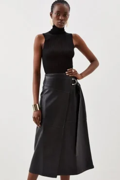 Karen Millen Faux Leather Tie Detail Wrap Midi Skirt black Clearance