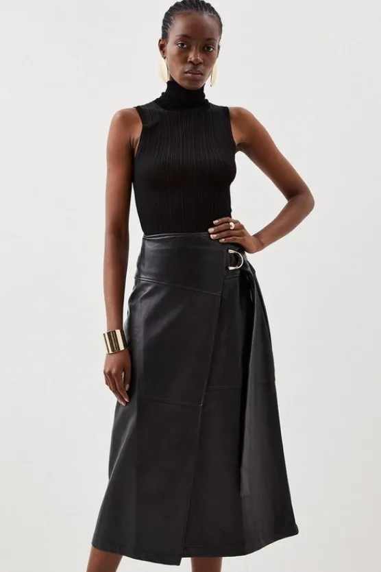 Karen Millen Faux Leather Tie Detail Wrap Midi Skirt black Clearance