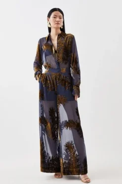 Karen Millen Feather Devore Woven Wide Leg Pants navy New